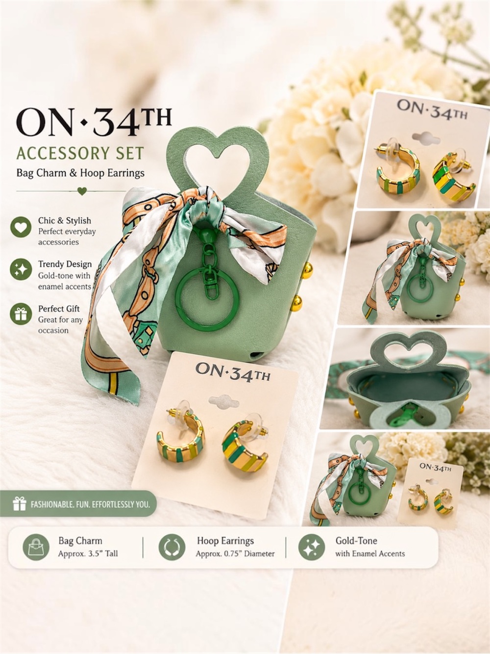 ON·34TH Enamel Earrings & Mint Green Bag Charm with Scarf & Keychain